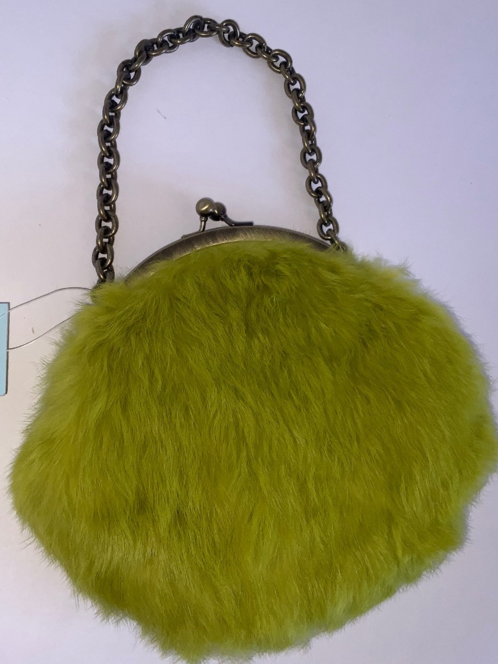 Plush Lime Green Rabbit Fur Cynthia Rowley mini handbag with a kiss-lock clasp